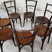 Set of 7 old Baumann bistro chairs in curved wood with round seat