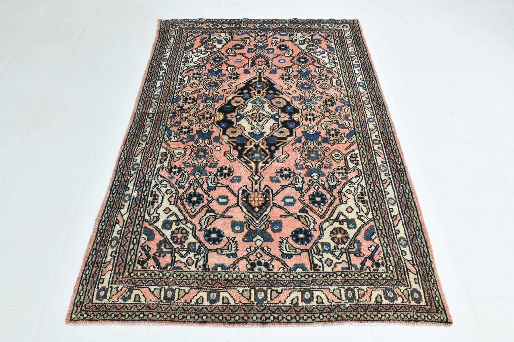 5x7 Wool Vintage Oushak Area Rug, Samon & Navy Blue Persian Rug, 142x209 Cm