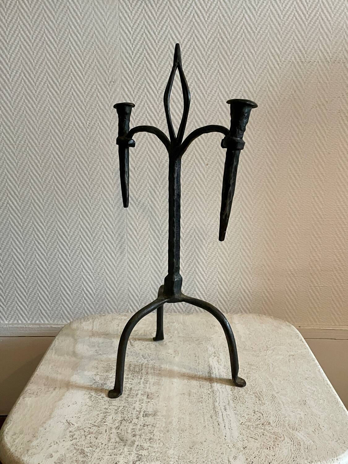 Brutalist candlestick in struck steel 1980