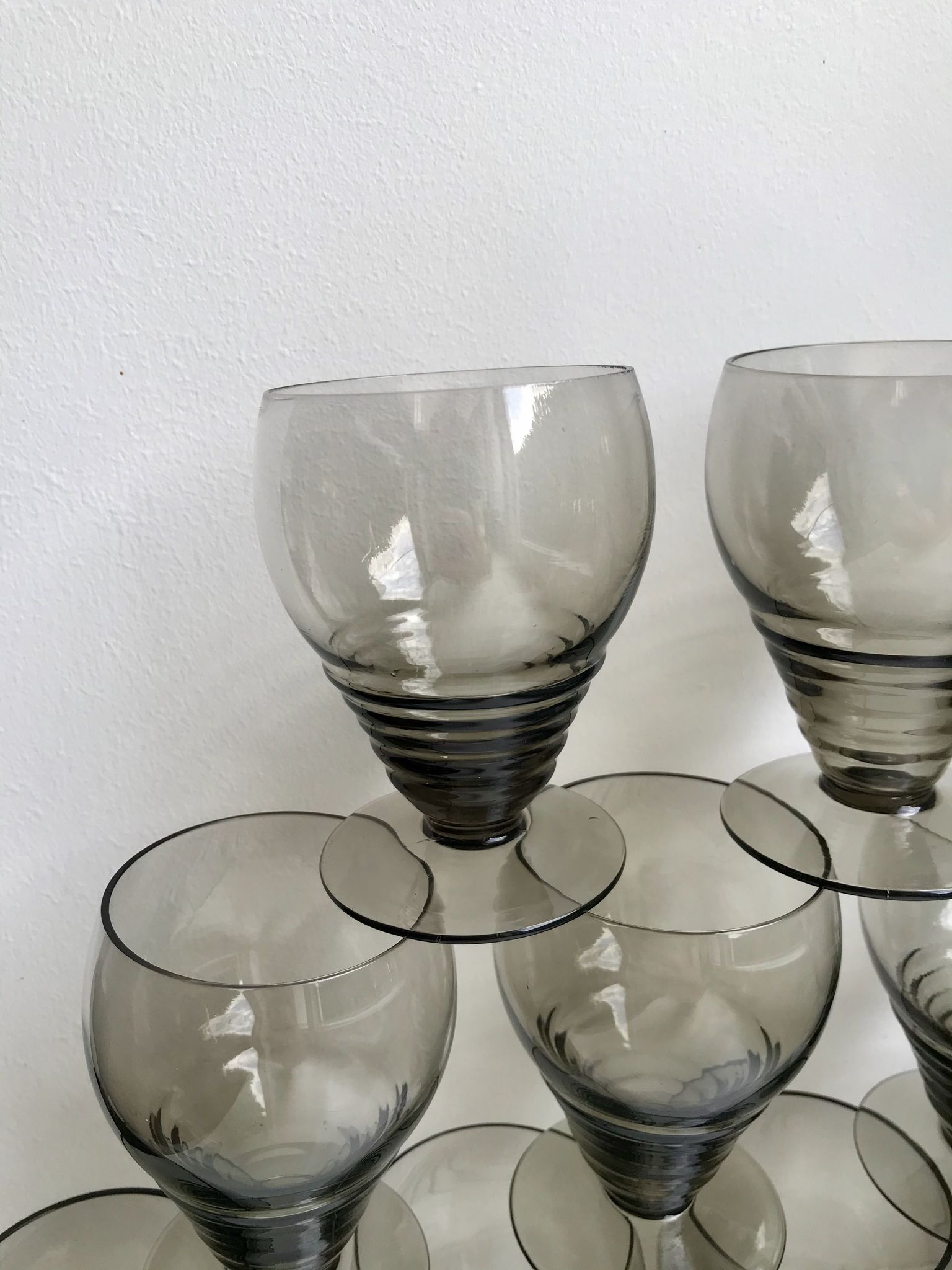 Set of 9 art deco liqueur glasses in smoked glass 30-40s