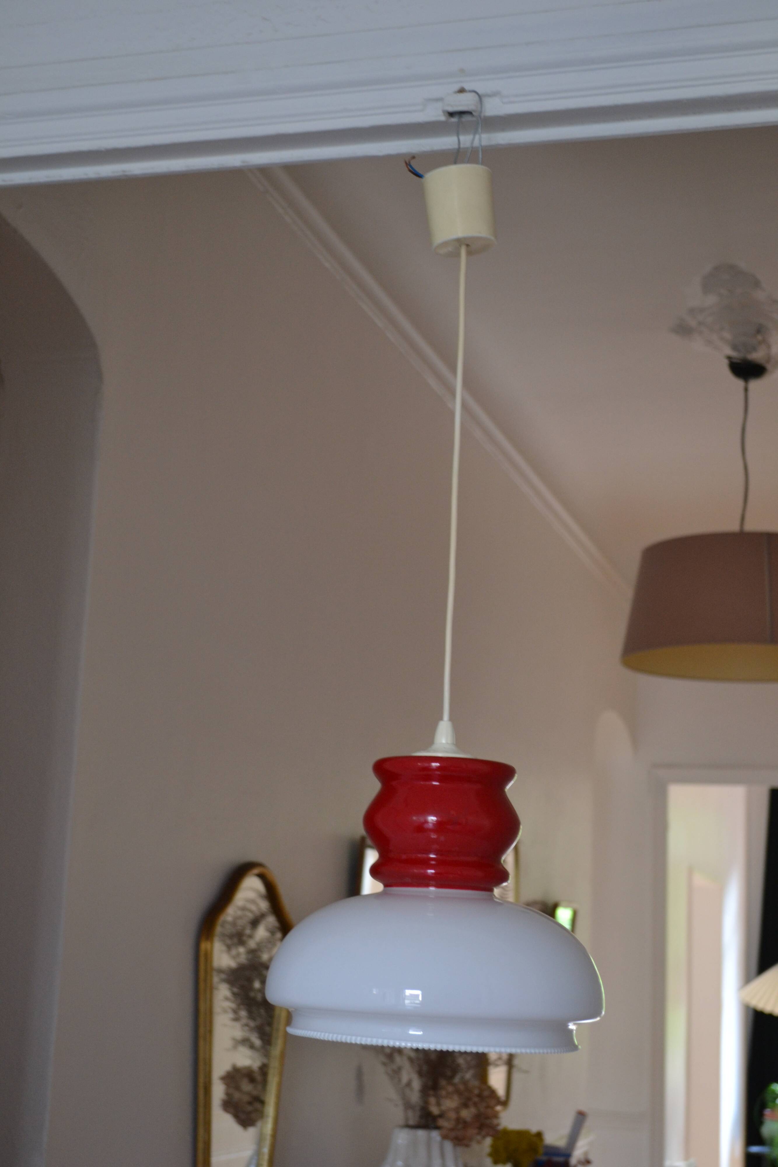 White and red opaline glass chandelier vintage 1970 space age