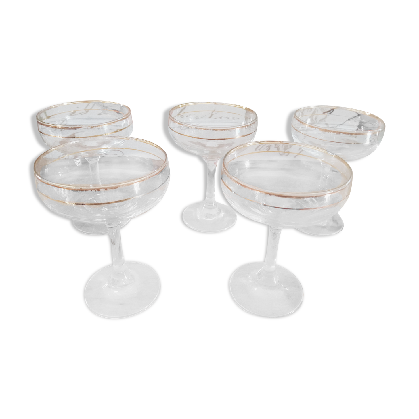 Lot of 5 glass champagne glasses and gold eders
