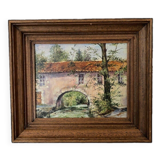 Oil on canvas watercourse mill mid-20th century by Nicole Colomier