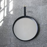 Miroir rond en cuir noir