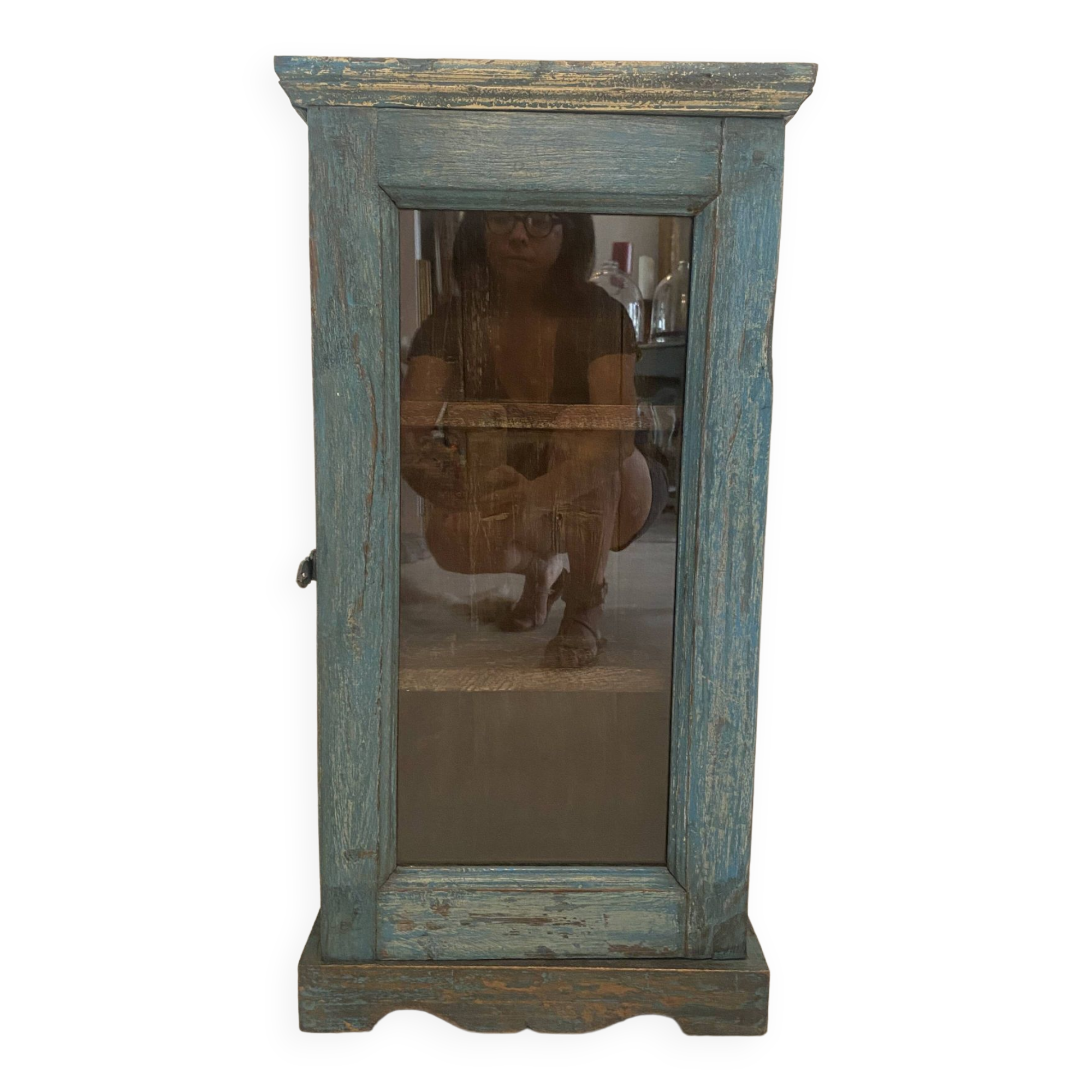 Small wall display case in blue lacquered teak