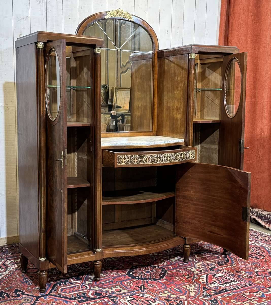 Art Deco buffet in mahogany, oak, and marble top.