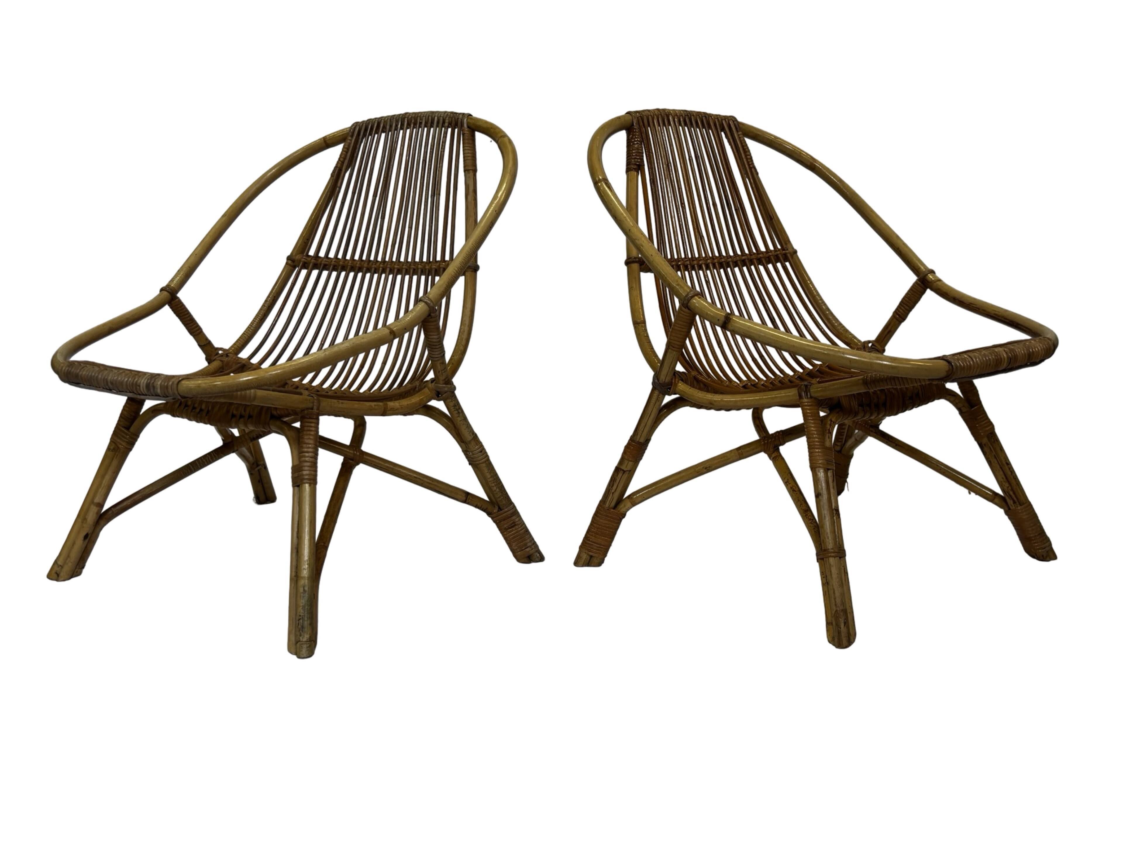 Ensemble vintage de 4 fauteuils club en rotin Rohe Noordwolde 1960