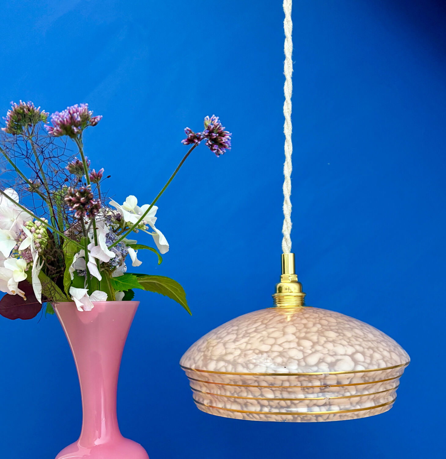 Vintage pink and gold clichy glass lampshade pendant light