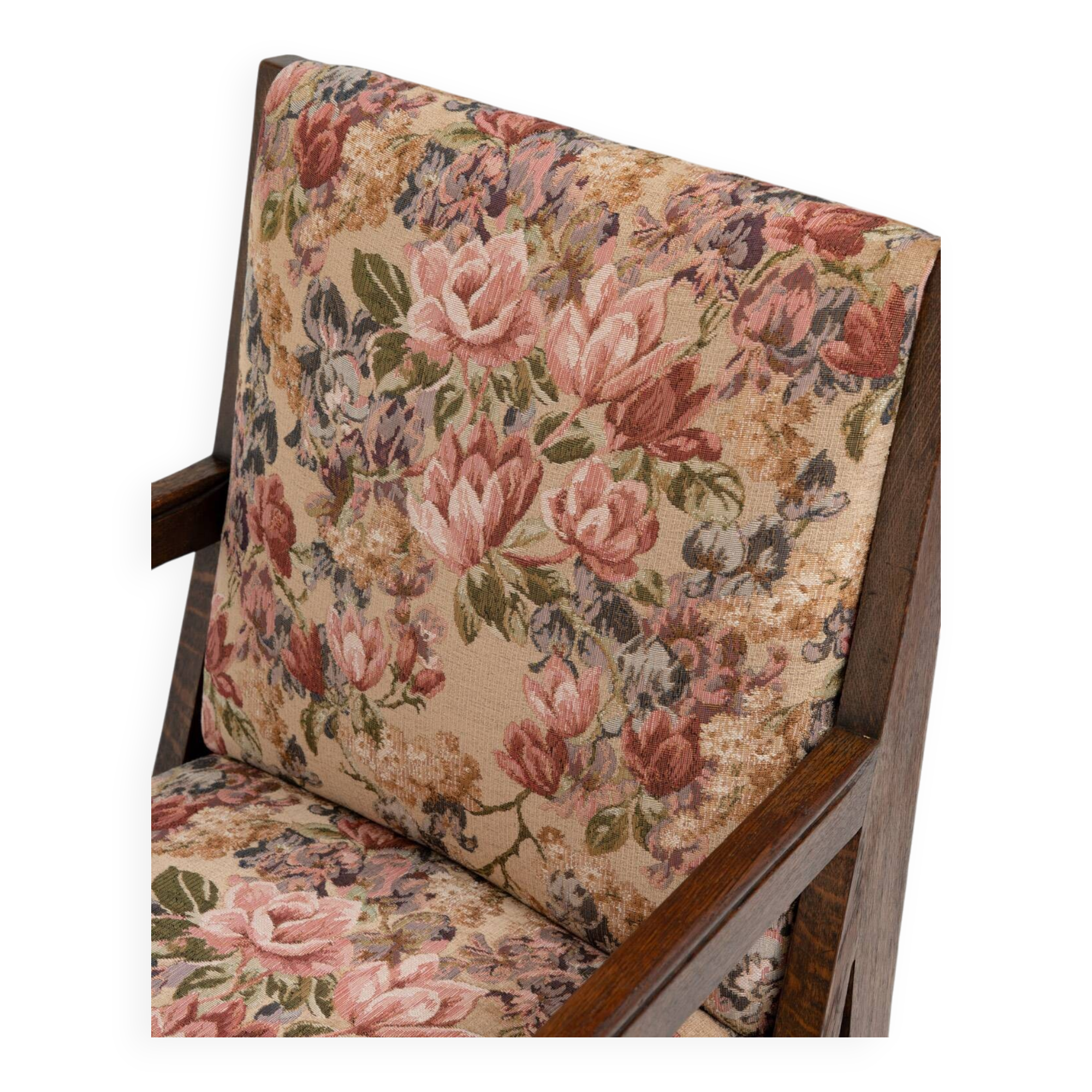 Antique Art Nouveau Armchair in Oak and Floral Upholstery, Belgium ca 1900s