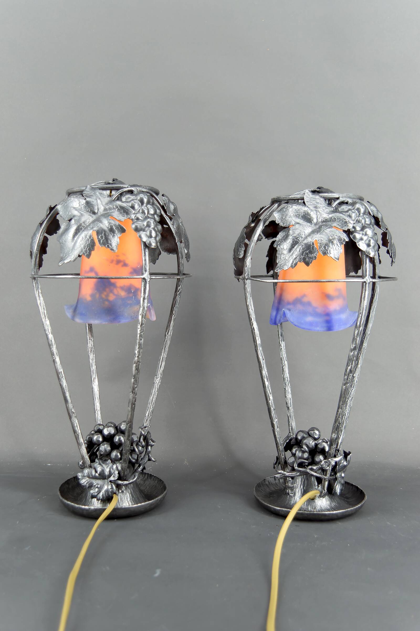 Pair of Wrought Iron Lamps, Vine Theme, Müller Frères, Art Deco, 1925