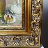 Still life with garlic, egg, and mortar signed Sarpe, 1979, oil on canvas.