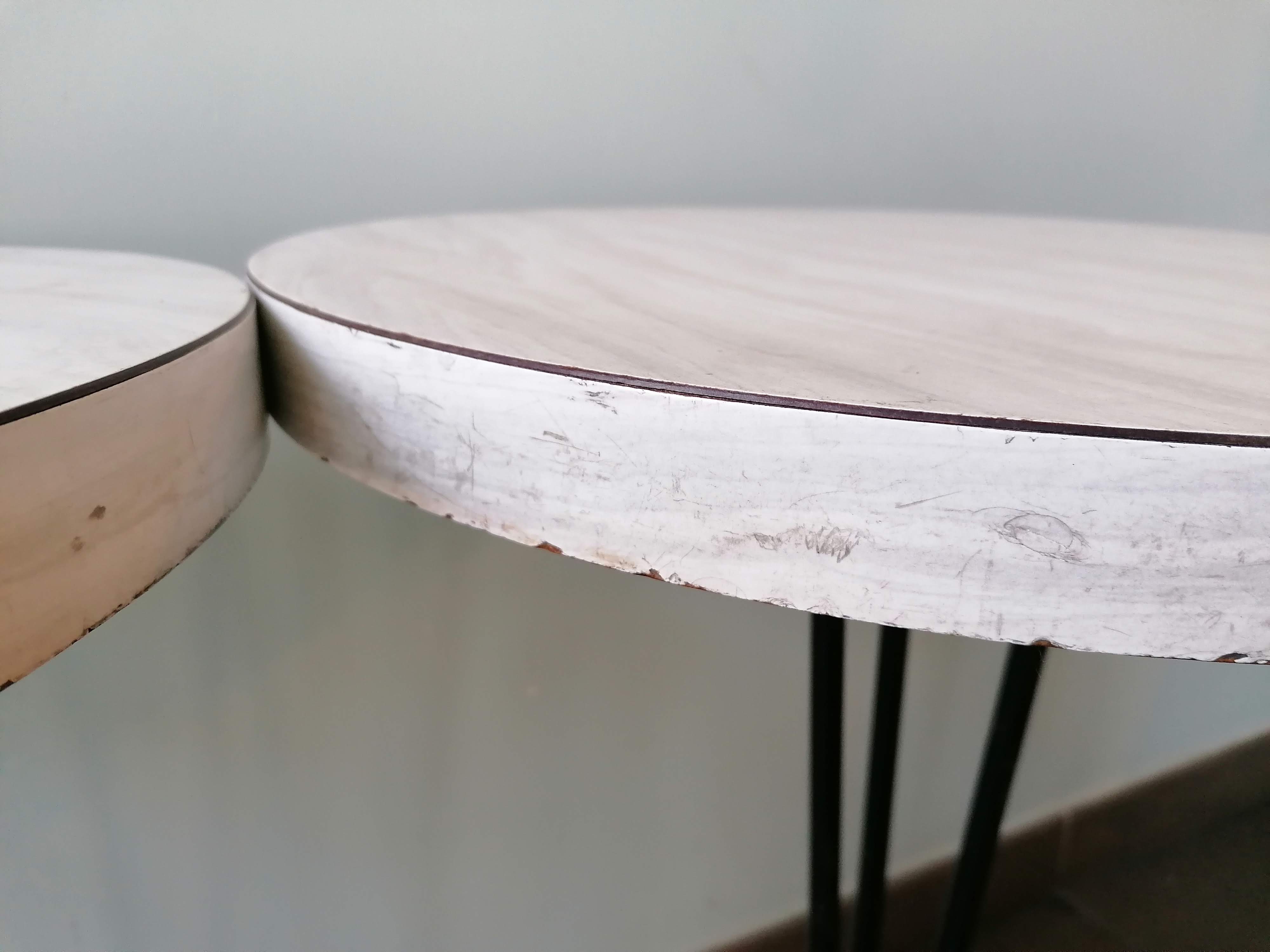 Pair of round vintage bistro tables, pedestal table