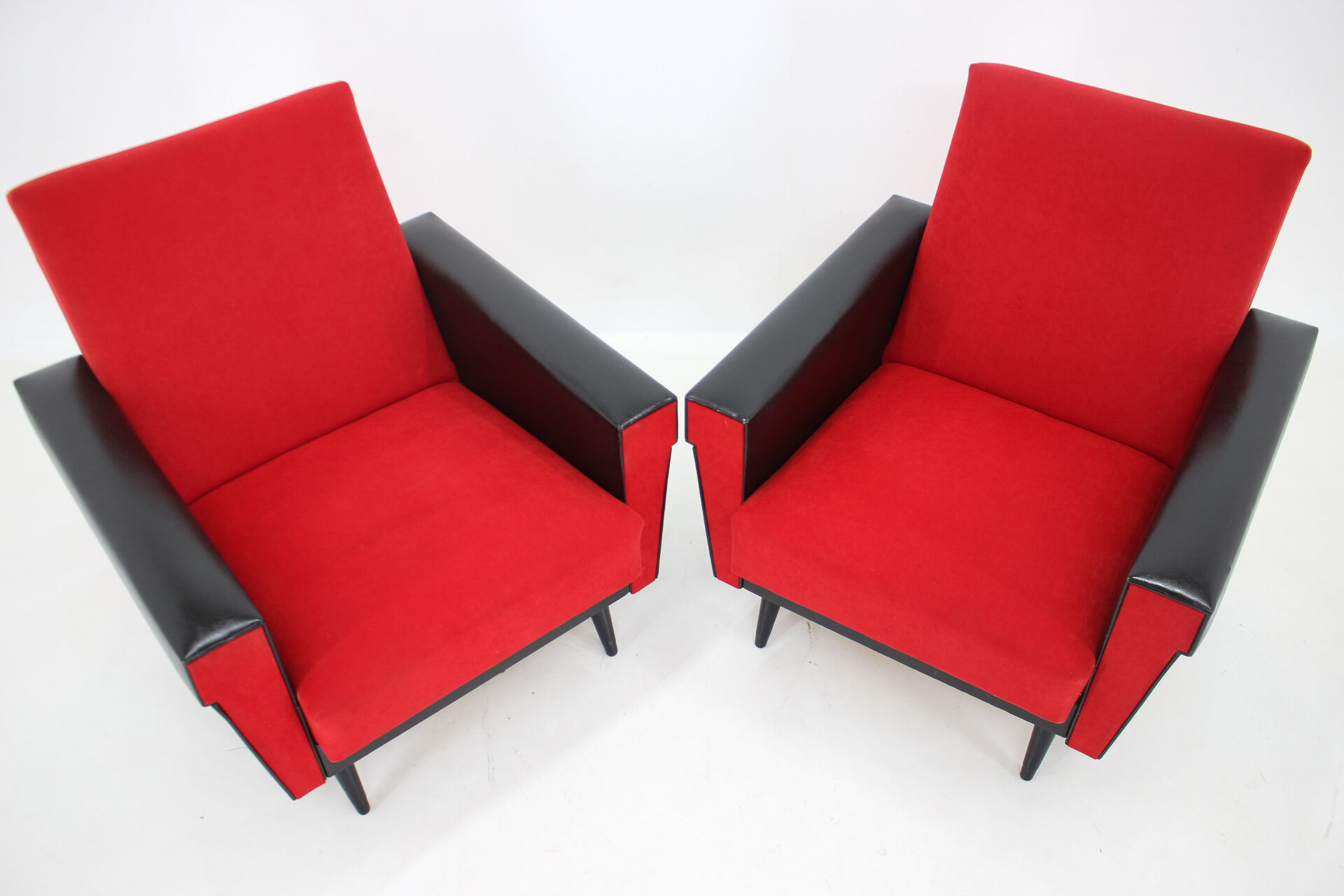 1970's pair of leatherette and red fabric armchairs, Czechoslovakia