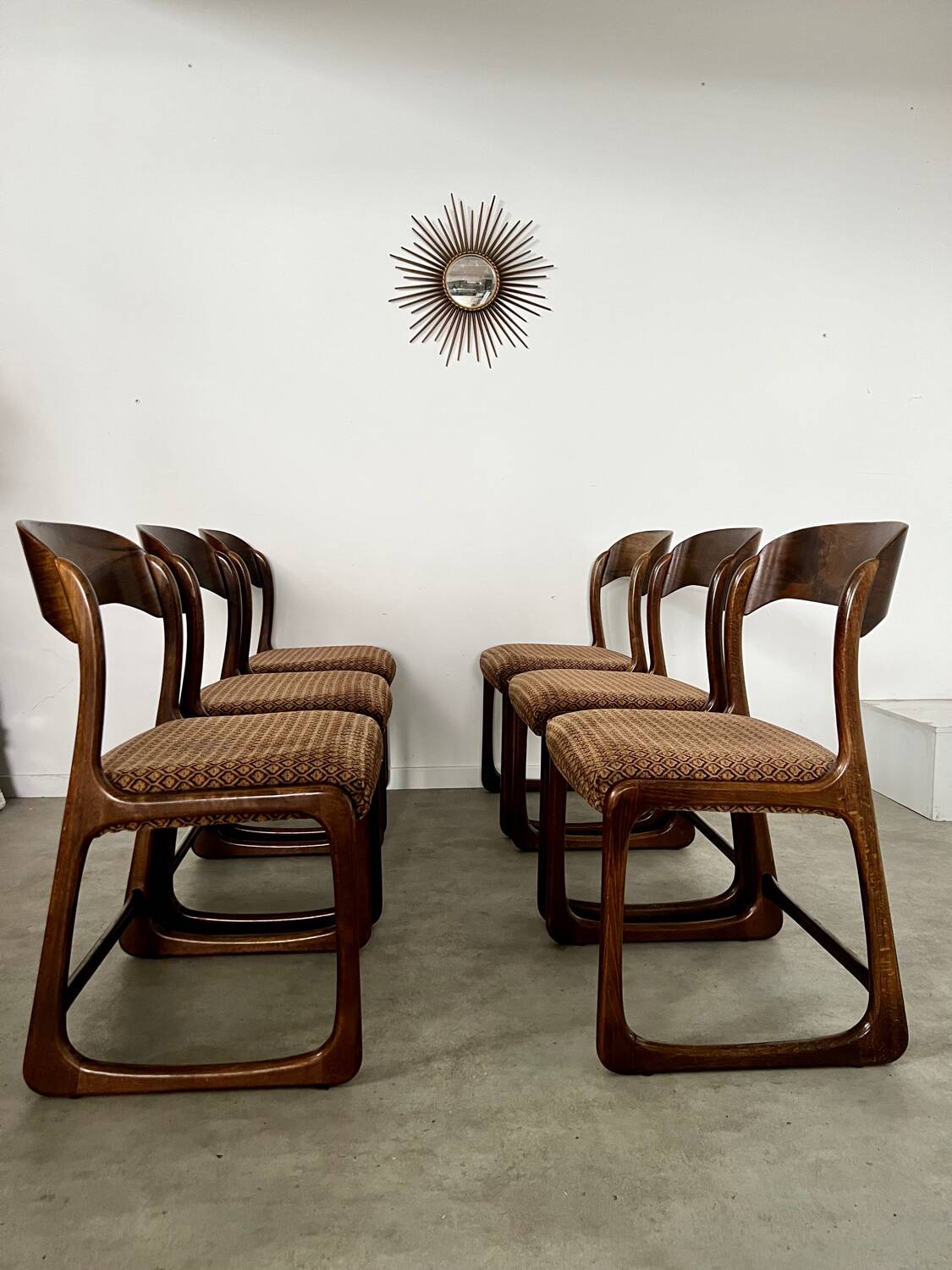 Set of 6 old baumann design sled chairs from the 60s wood and fabric