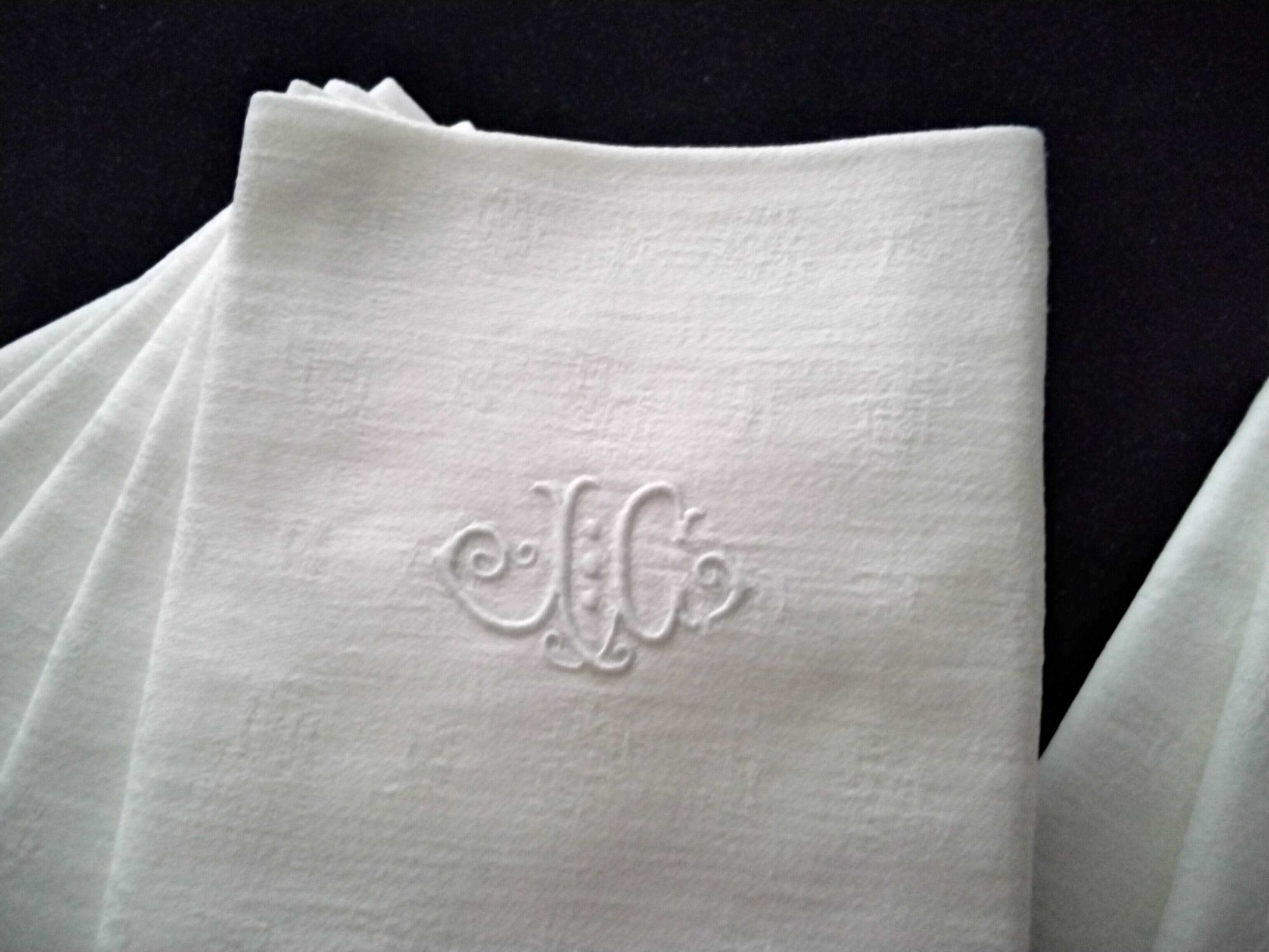 6 White Damask Cotton Napkins Monogram JC