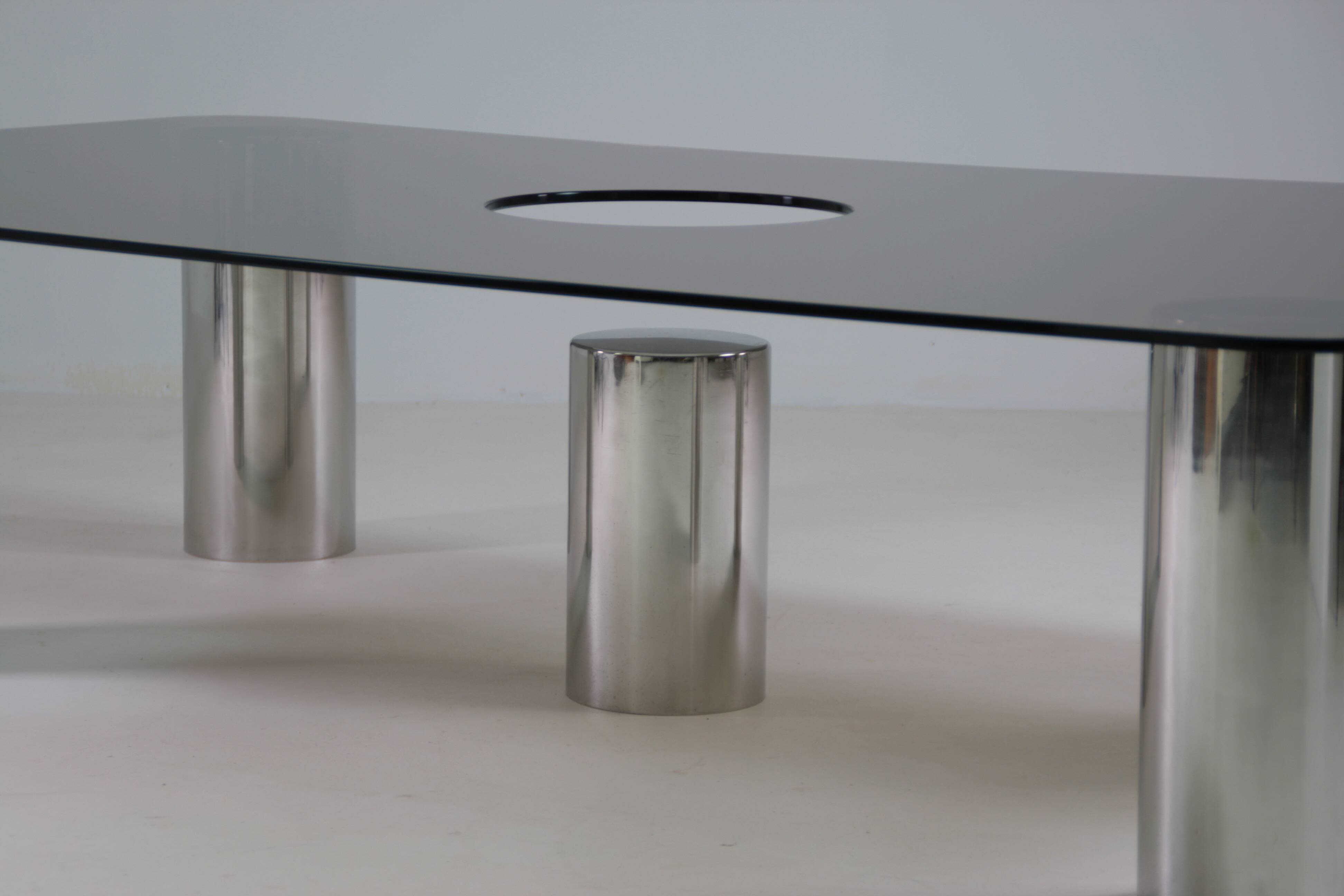 Large coffee table in chromed metal and smoked glass, Italy 1970