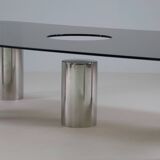 Large coffee table in chromed metal and smoked glass, Italy 1970