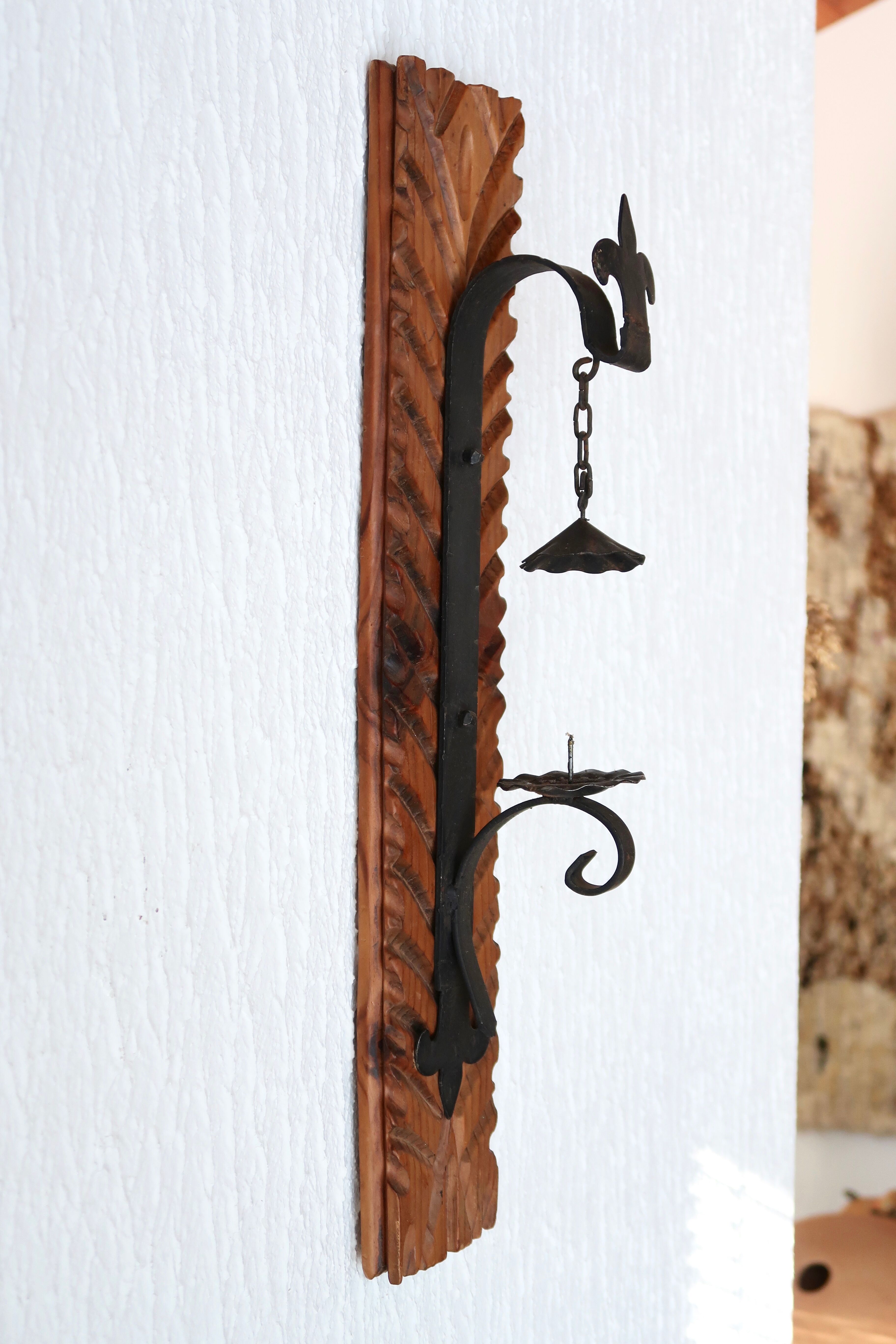 Wall candle holder in wood and metal, 1960s