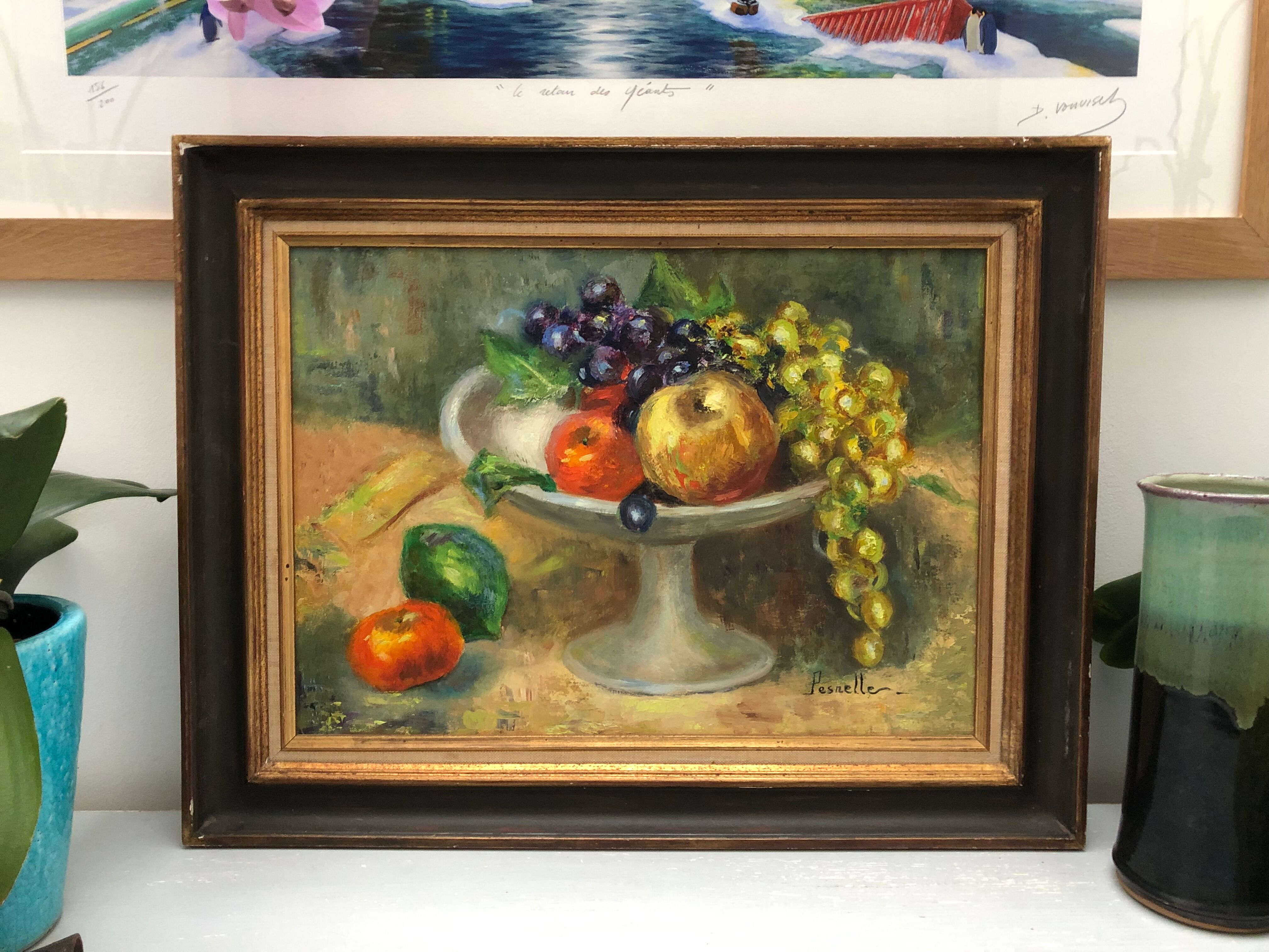 Painting, oil on canvas, still life, fruit cup, signed Pesnelle