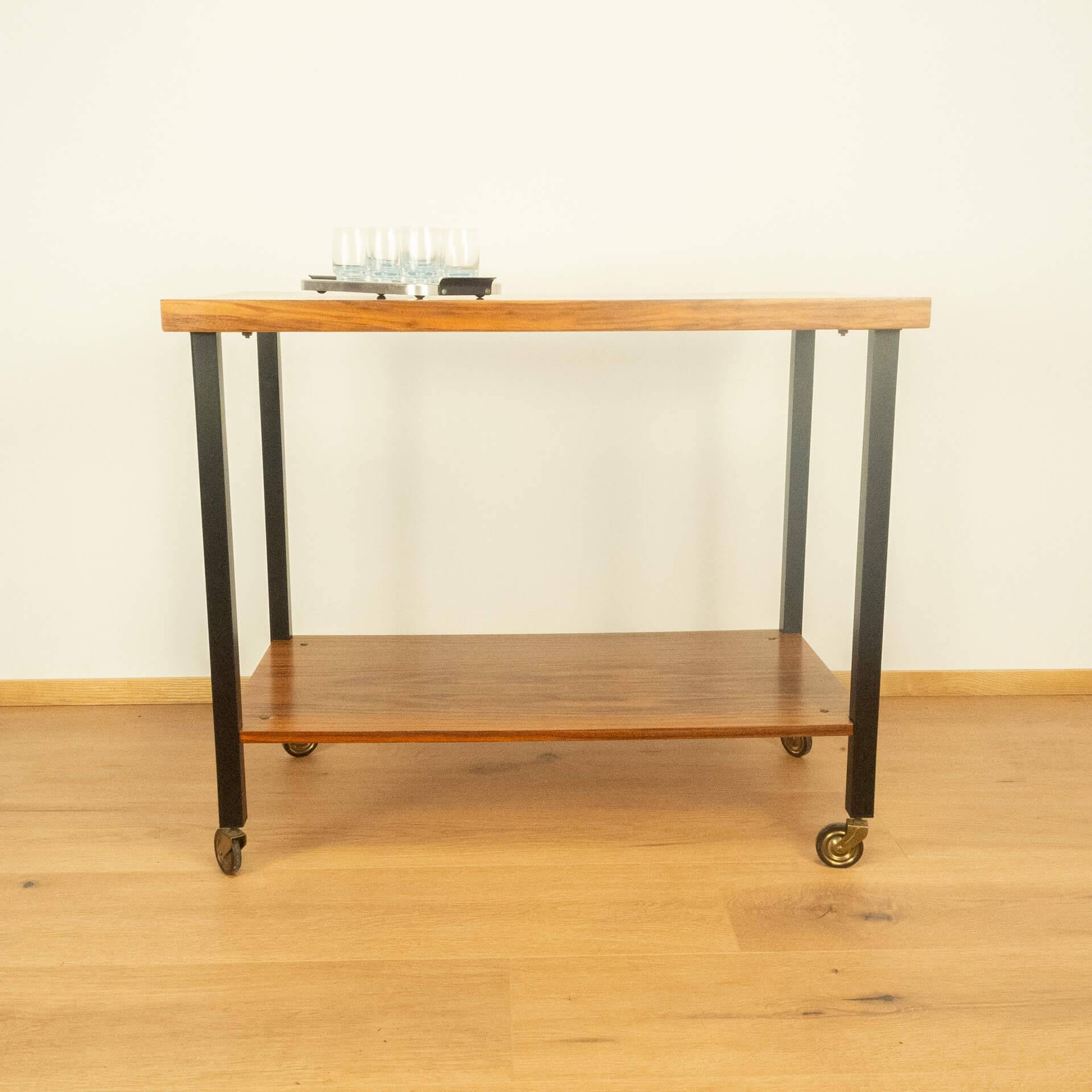 Serving trolley, side table, walnut, metal frame on brass castors, 1960s