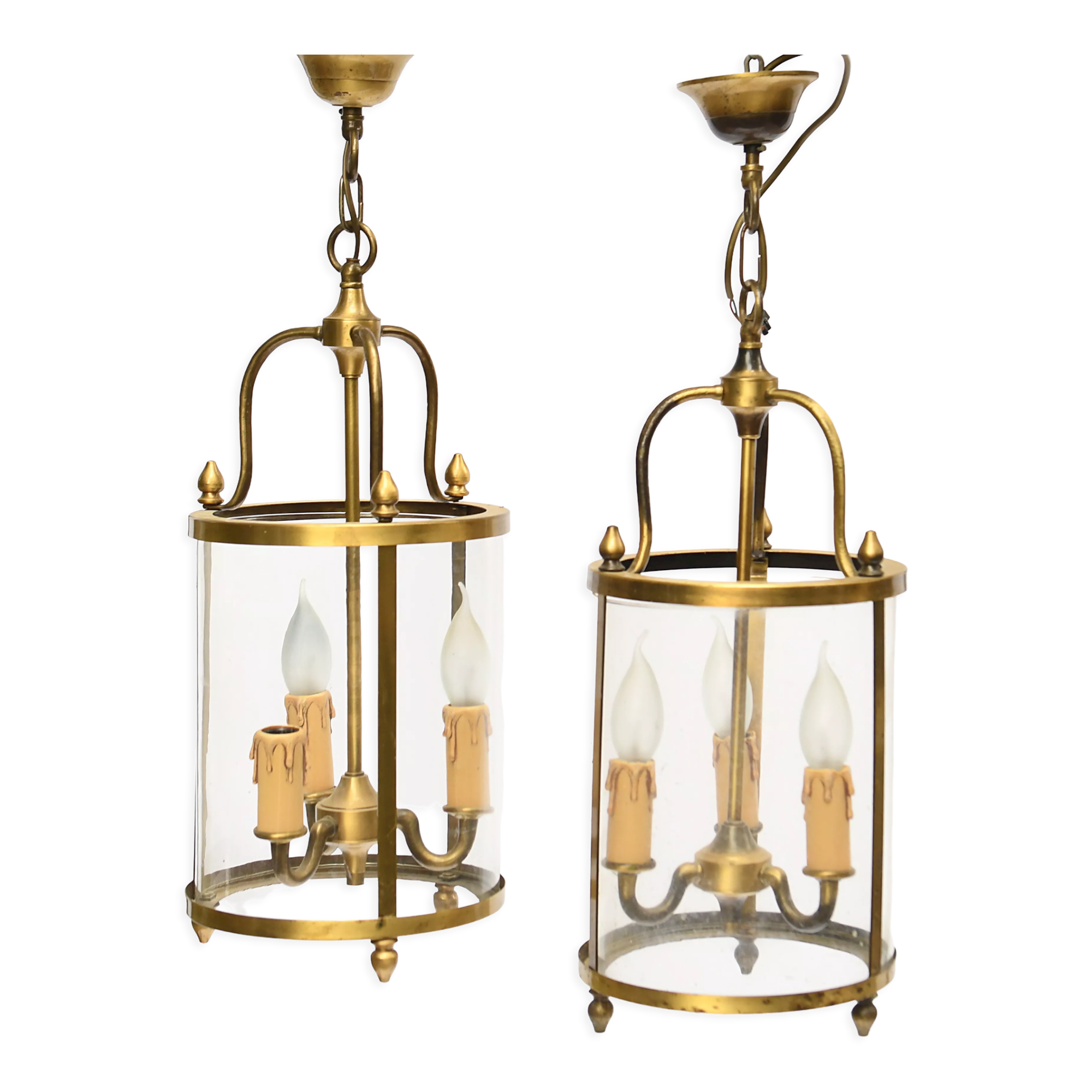Pair of lanterns with three lights in gilded metal and glass