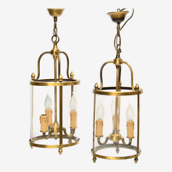 Pair of lanterns with three lights in gilded metal and glass