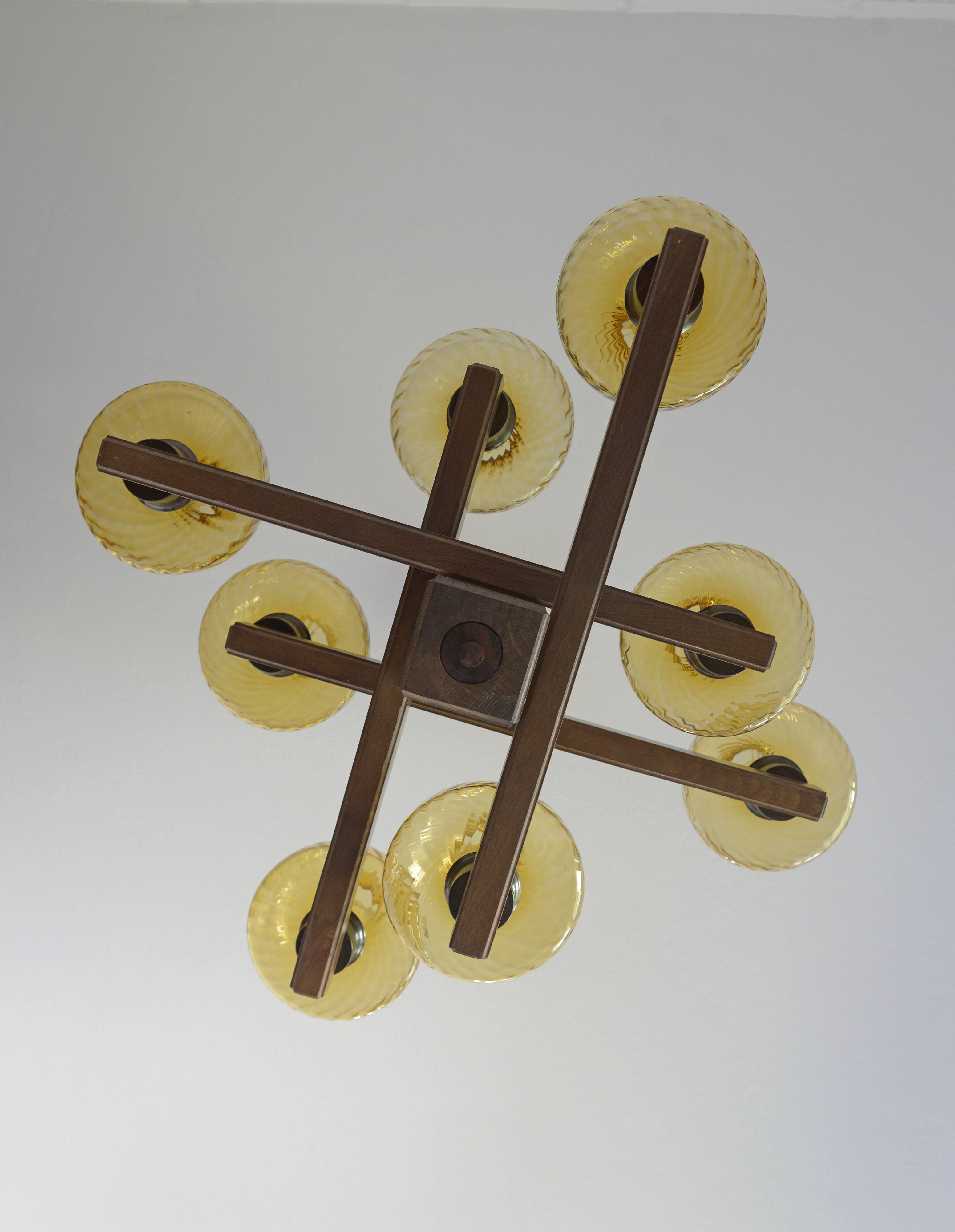 Large Vintage Rustic Wooden Chandelier Amber Glass shades Carved Wood 1980