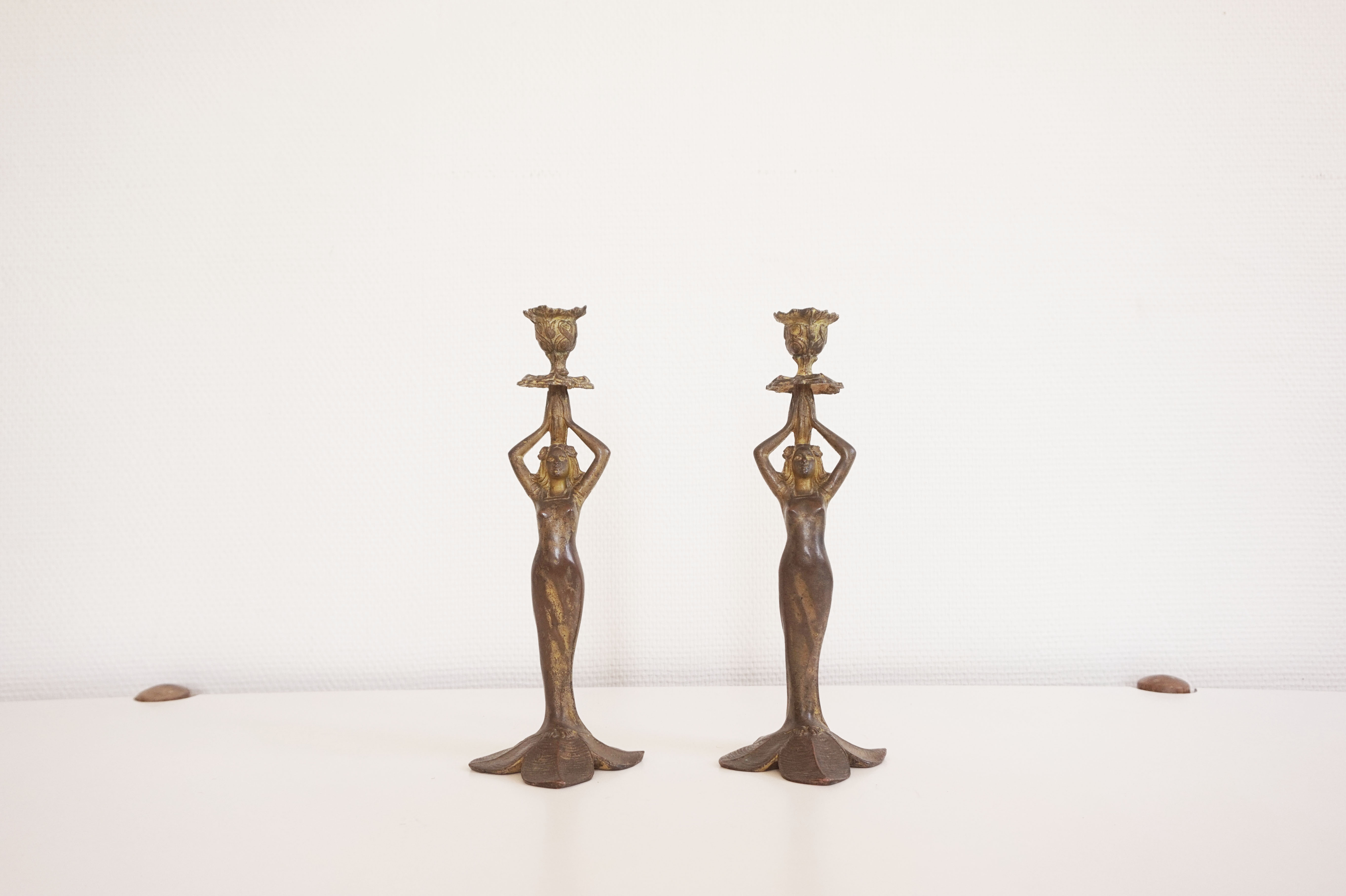 Pair of antique Mermaid candlesticks Art Nouveau