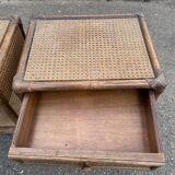 Pair of vintage bedside tables in rattan and caned wicker.