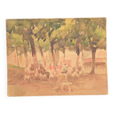 French school 20th century "under the trees of the village square" watercolor
