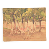 Ecole française XXème siècle "sous les arbres de la place du village" aquarelle