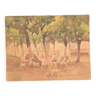 Ecole française XXème siècle "sous les arbres de la place du village" aquarelle