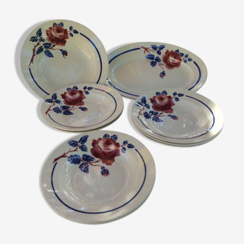All 7 soup plates, a round deep dish and a flat oval Lunéville