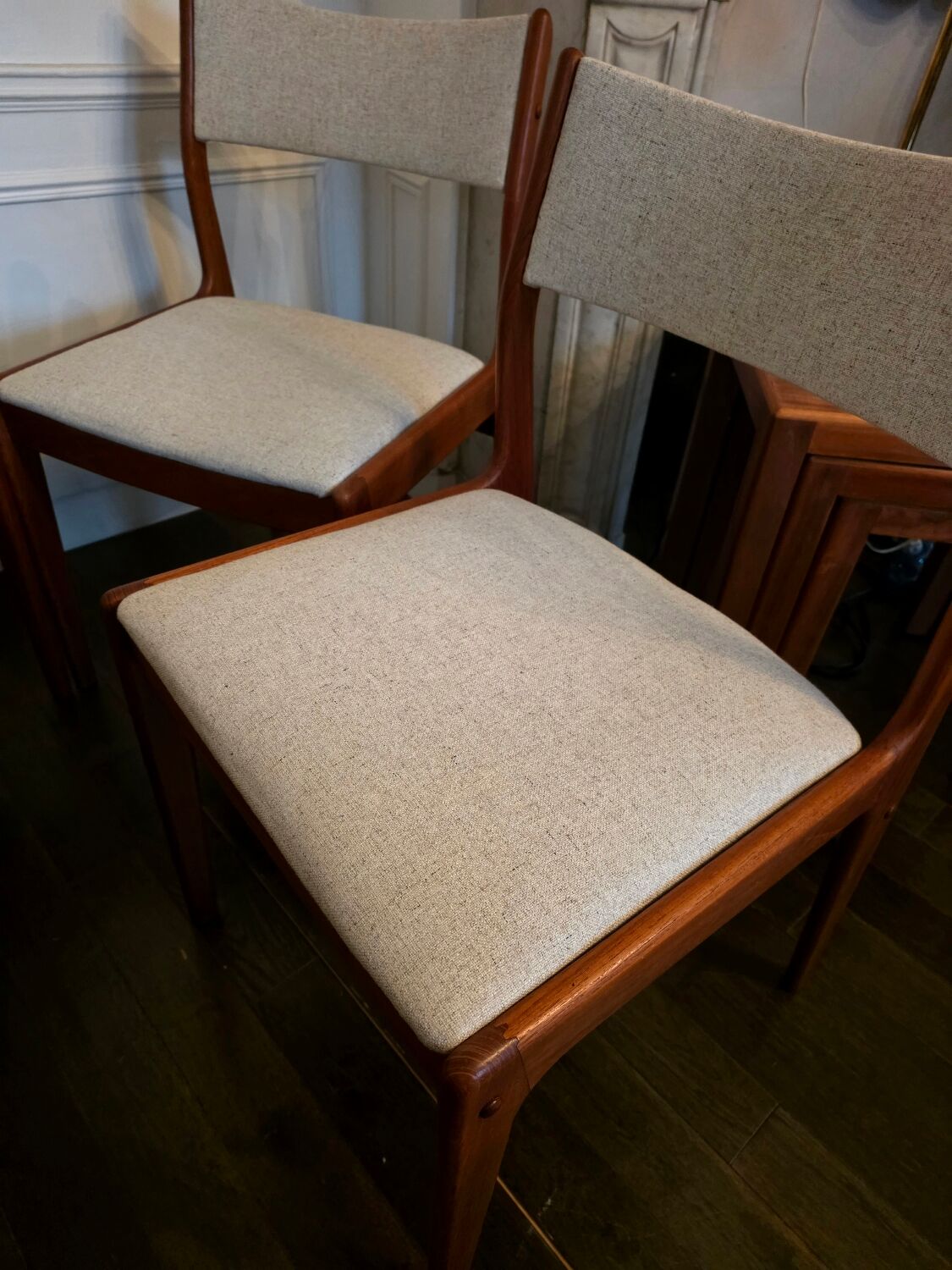 Set of 4 vintage teak and beige tweed chairs by Johannes Anderse