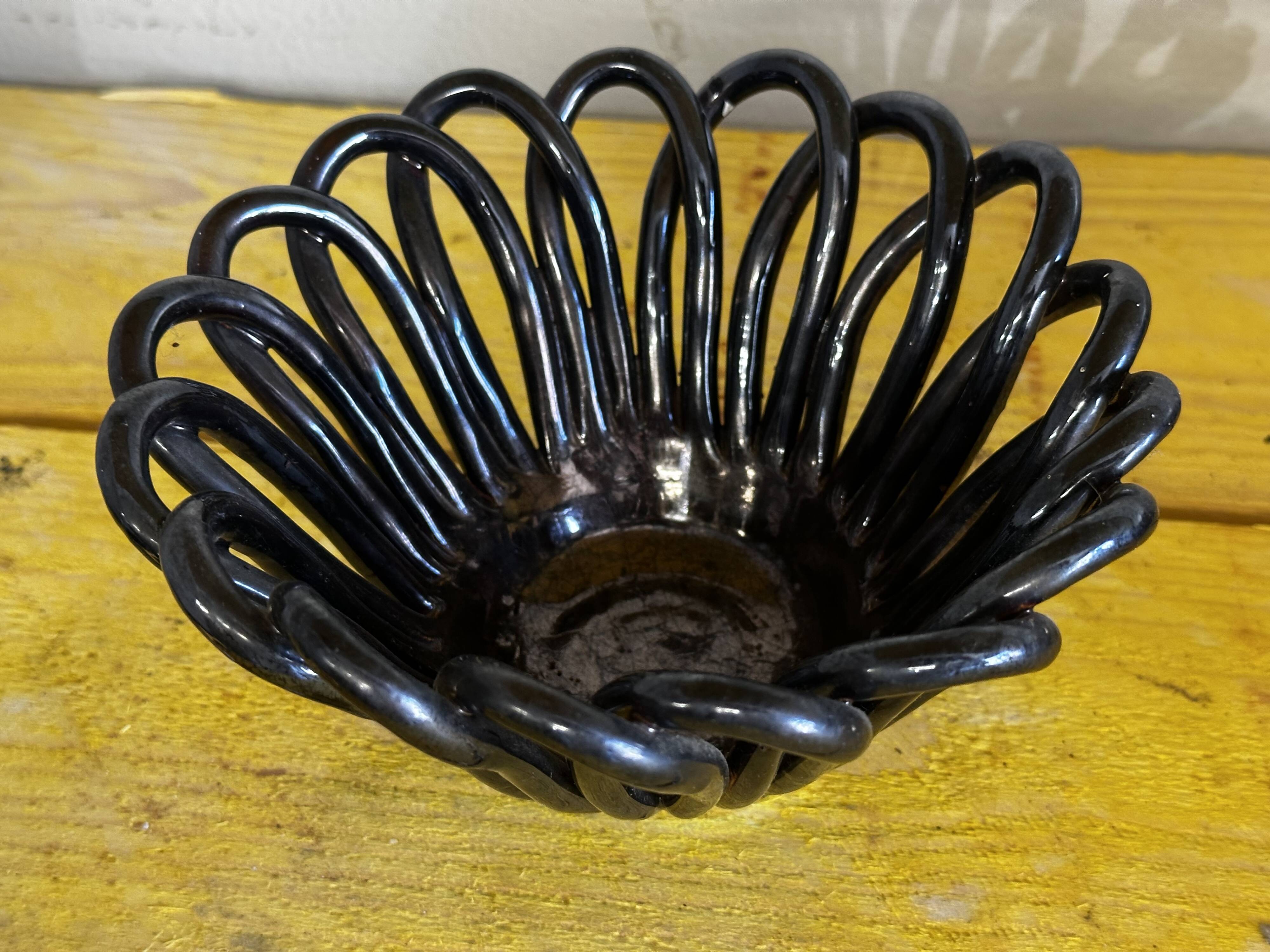 Small Basket - Iridescent Black Braided Ceramic Empty Pocket - 70's German