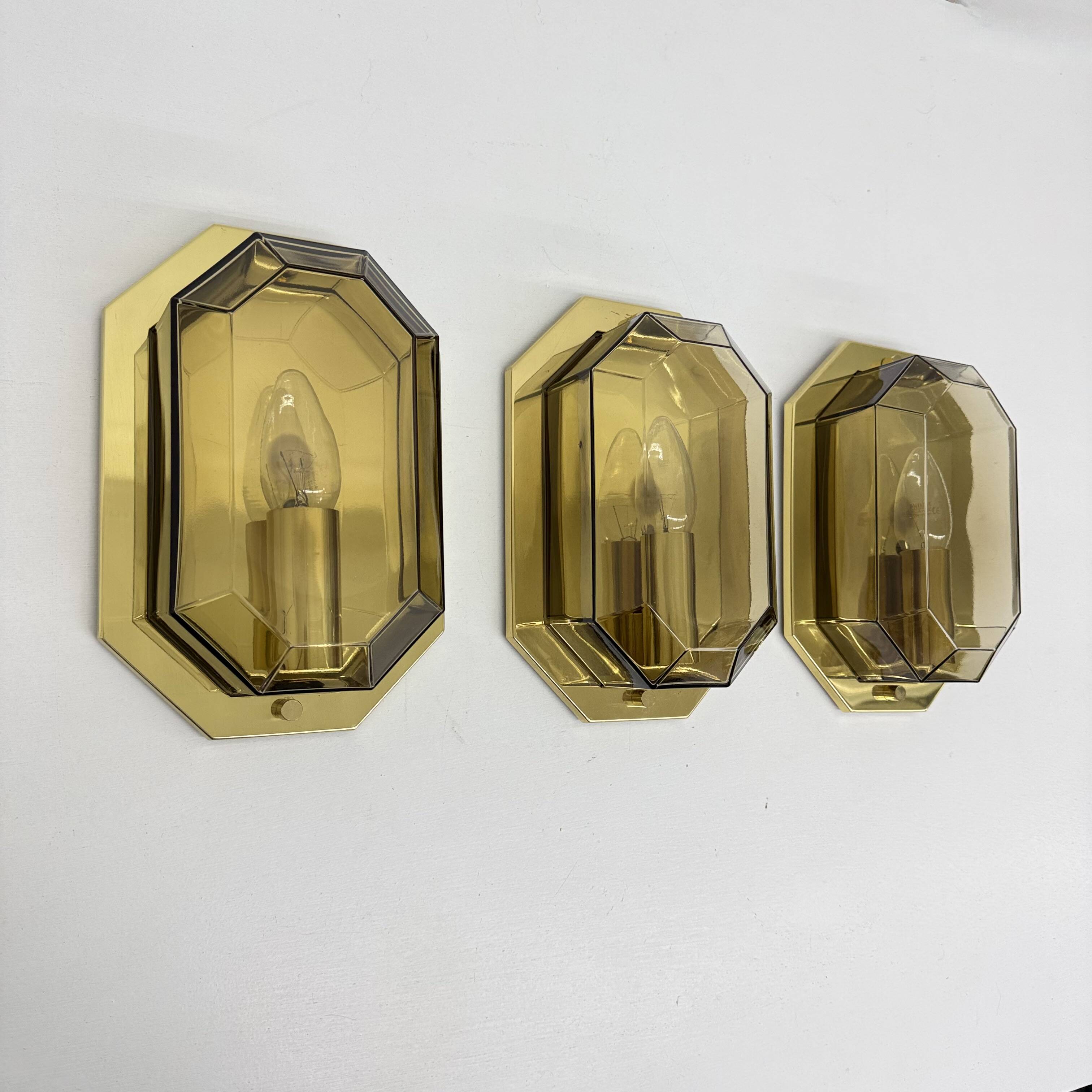Set of 3 Limburg Glashütte smoked glass and brass wall lamps sconce , 1970s