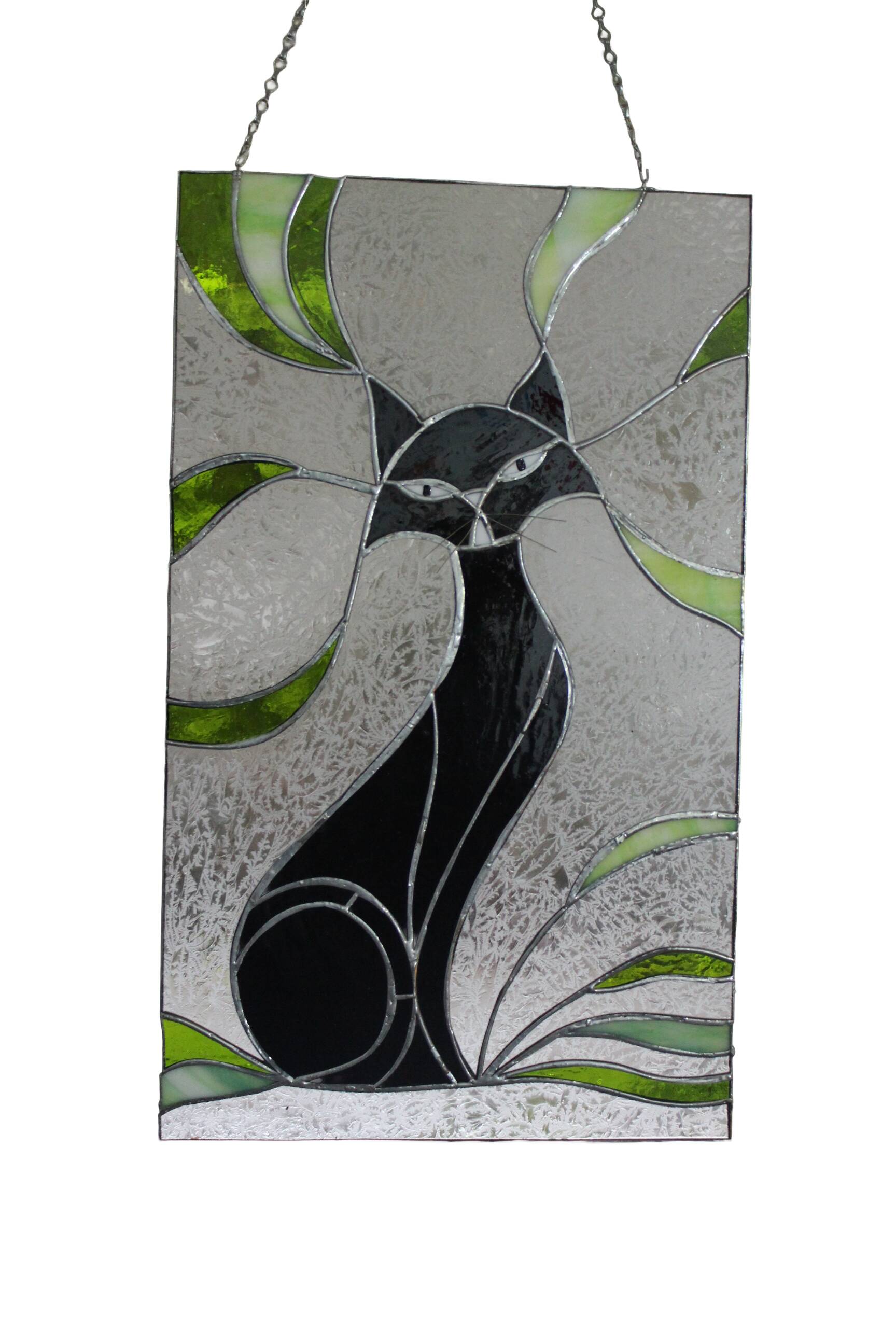 Vitrail chat – Style Tiffany fait main, panneau décoratif mural