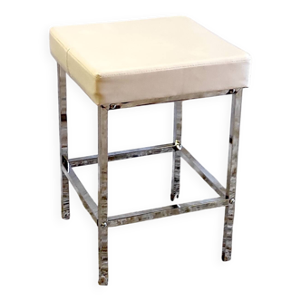 Chrome metal design stool with white faux leather - mid 20th century.