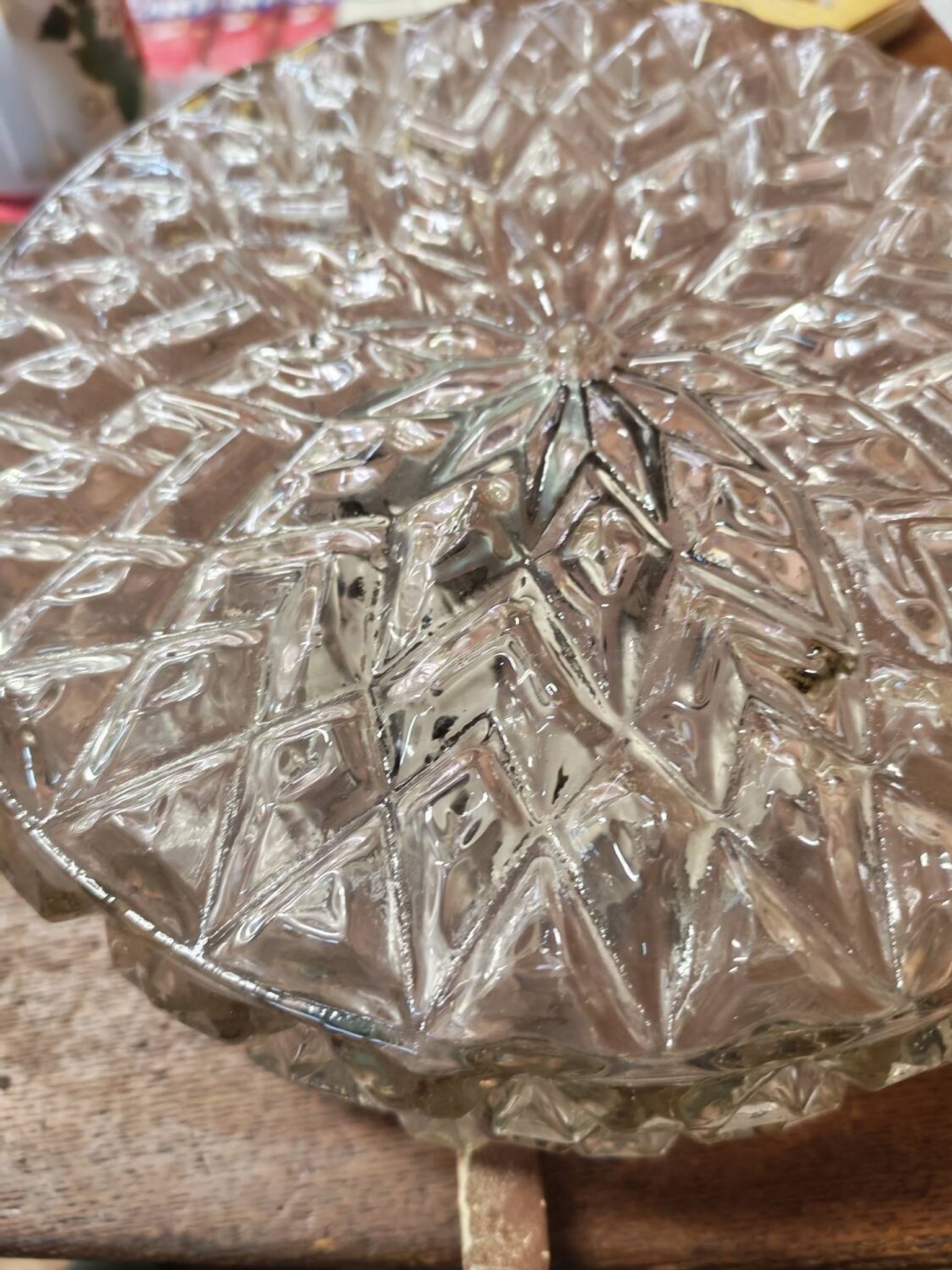 Brutalist ceiling light in pressed glass, Poland 1970.