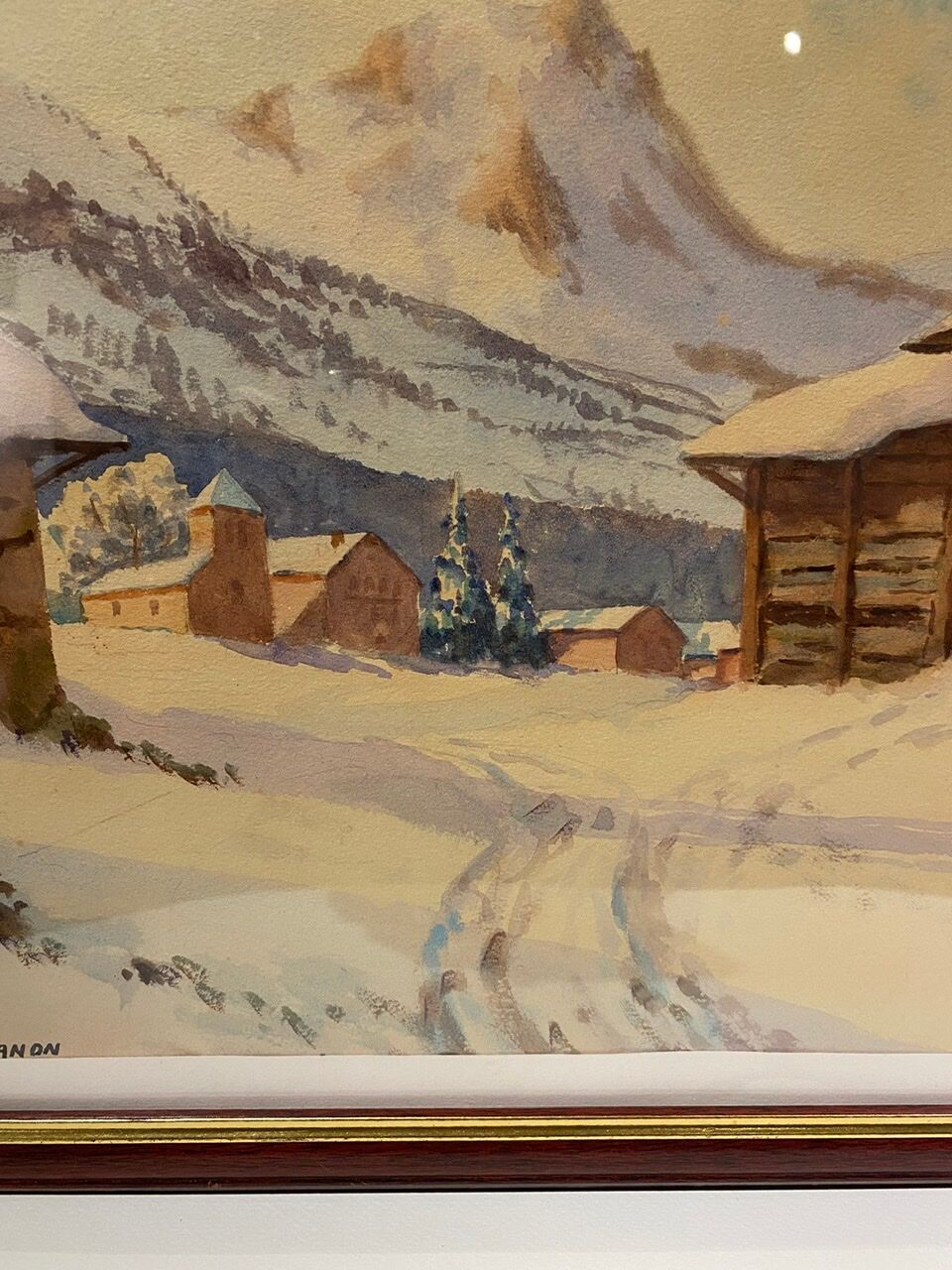 Old painting, snow landscape signed Salanon, mid-20th century
