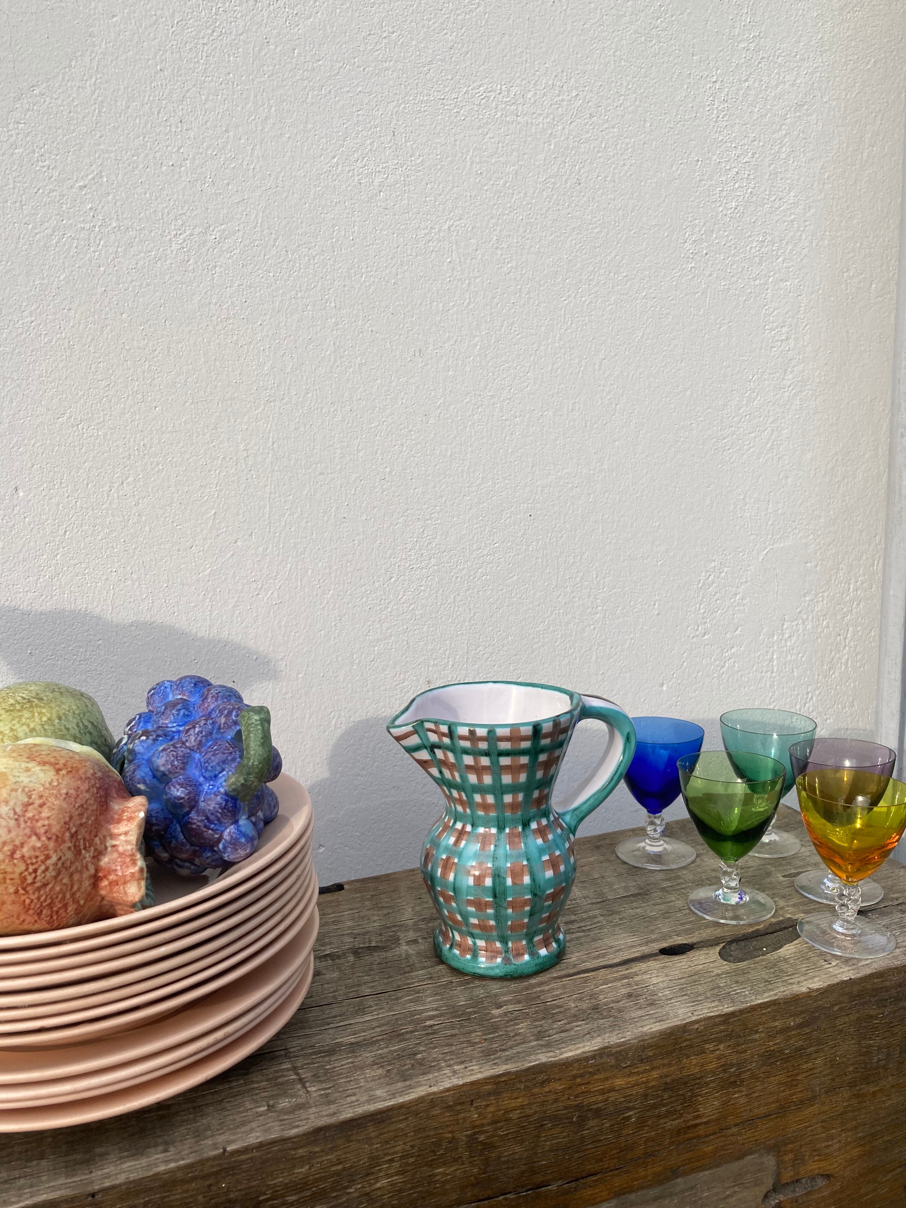 Robert Picault pitcher in green ceramic Vallauris checkered 1960