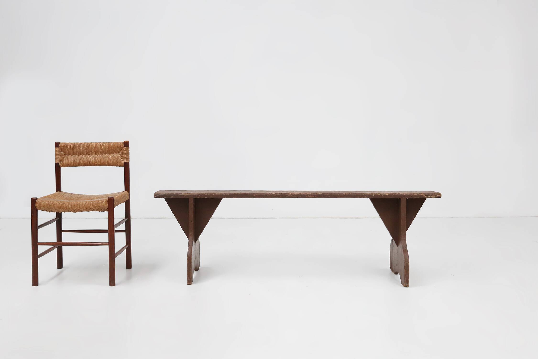 Mid-century rustic bench in brown painted wood, France ca. 1890