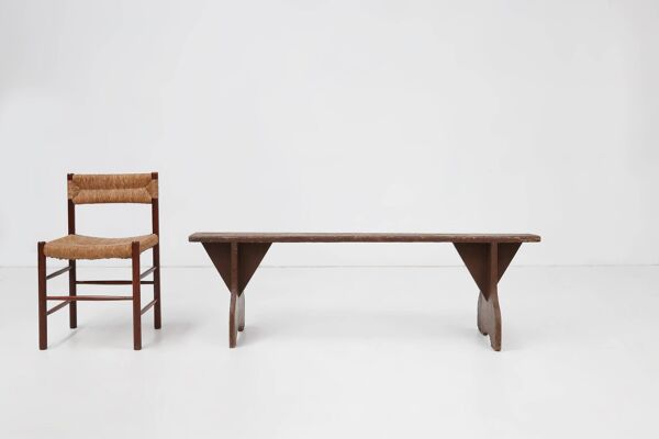 Banc rustique du milieu du siècle en bois peint en marron, France ca. 1890