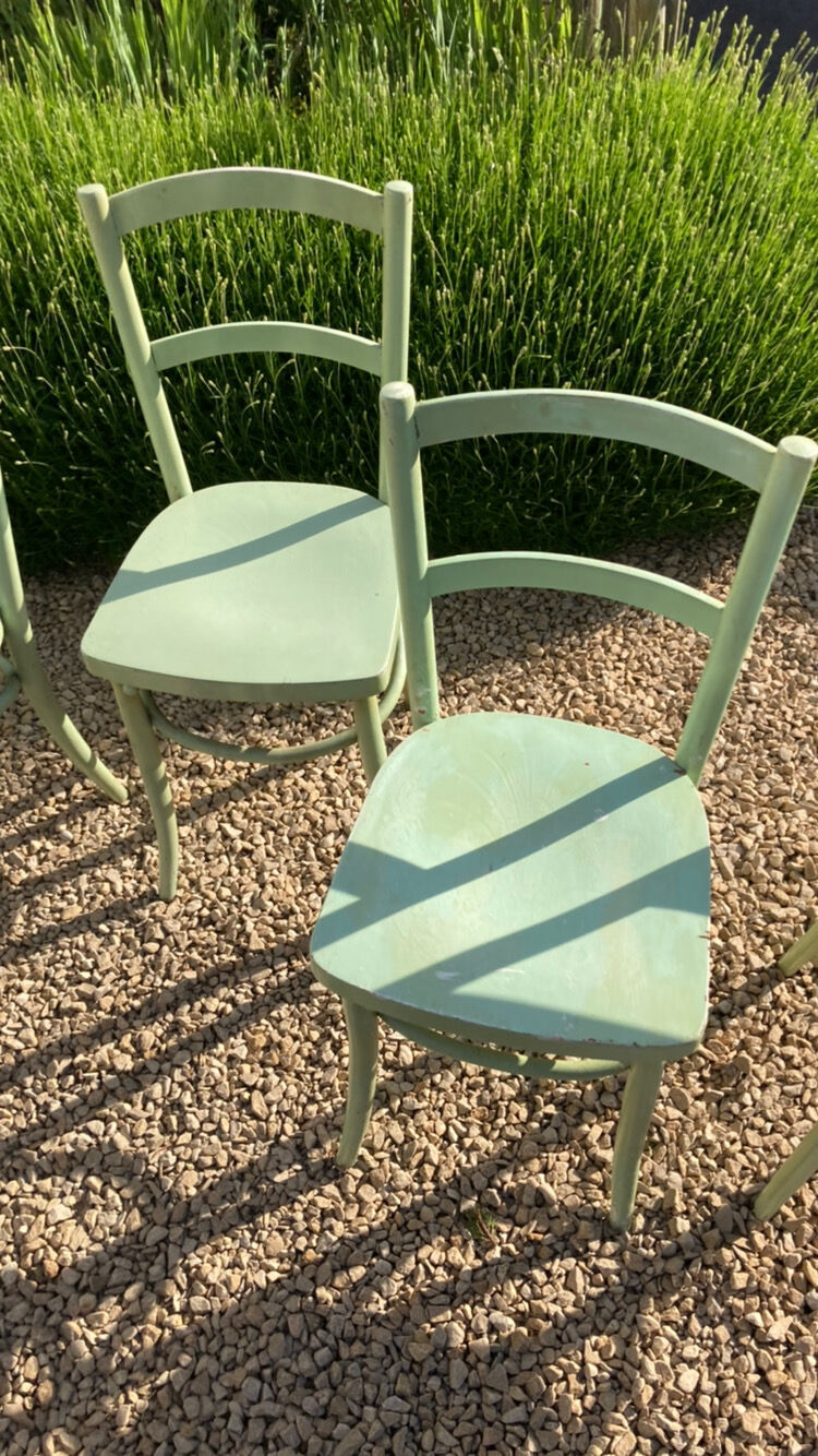 Set of 6 green patinated bistro chairs
