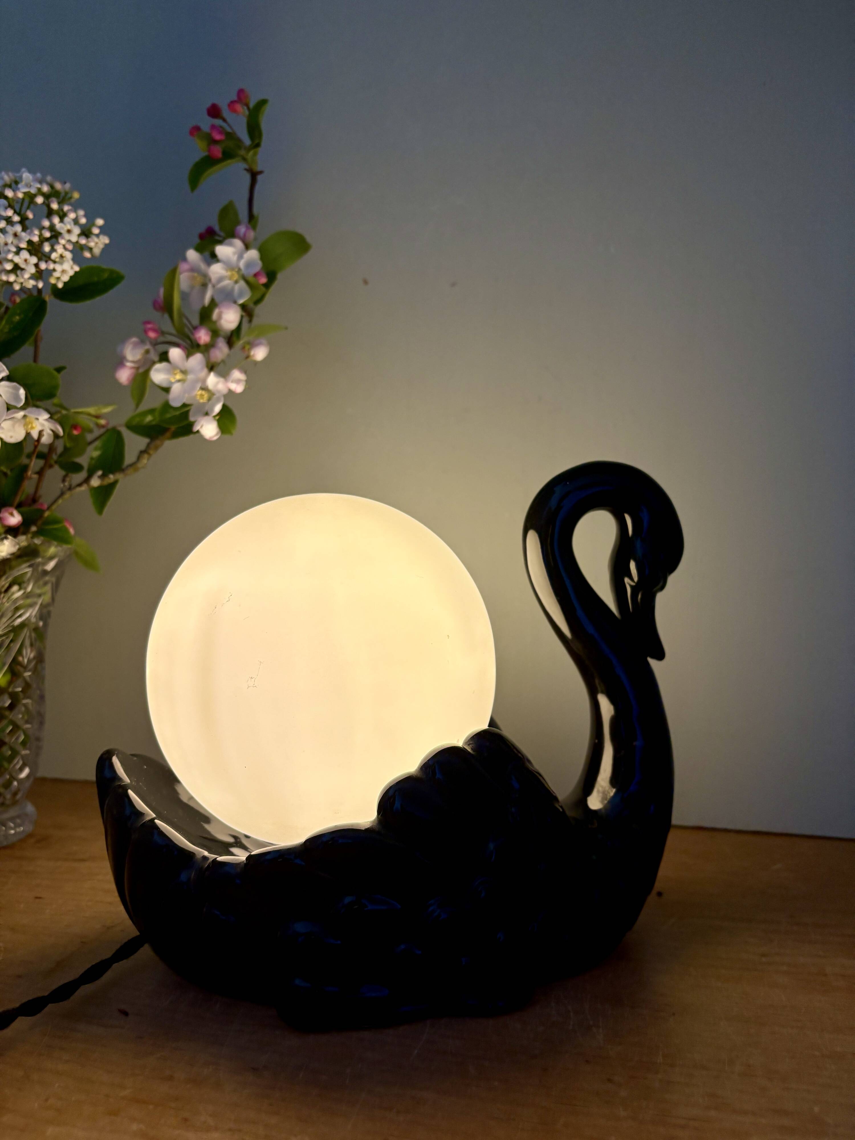 Vintage lamp, black ceramic swan and white opaline globe