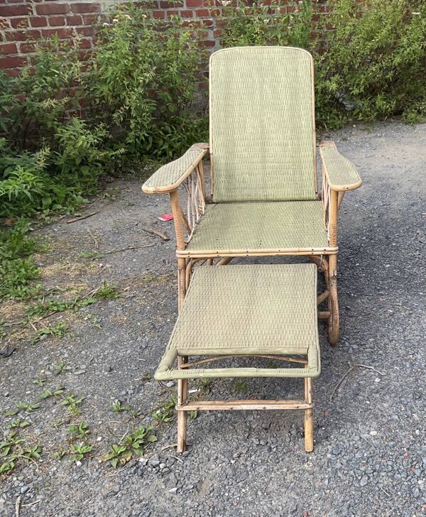 Chaise longue vintage osier rotin