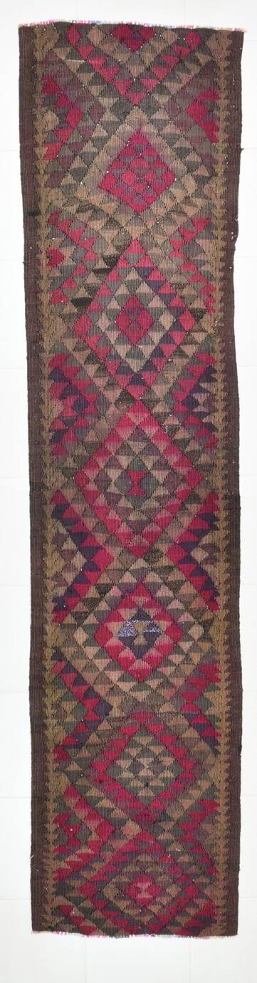 Burgundy Geometric Tribal Kilim Runner Rug, 80x342Cm
