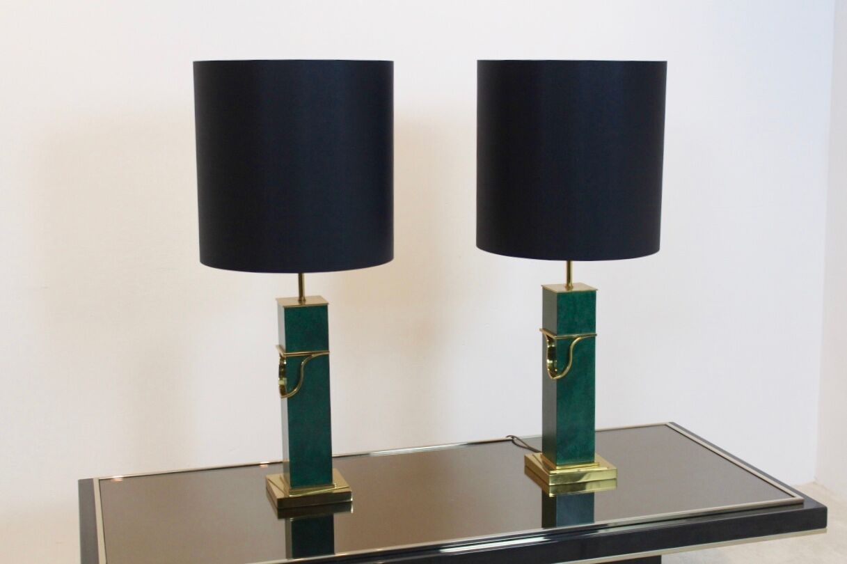 Pair of Green and Brass Mid Century Modern Table Lamps