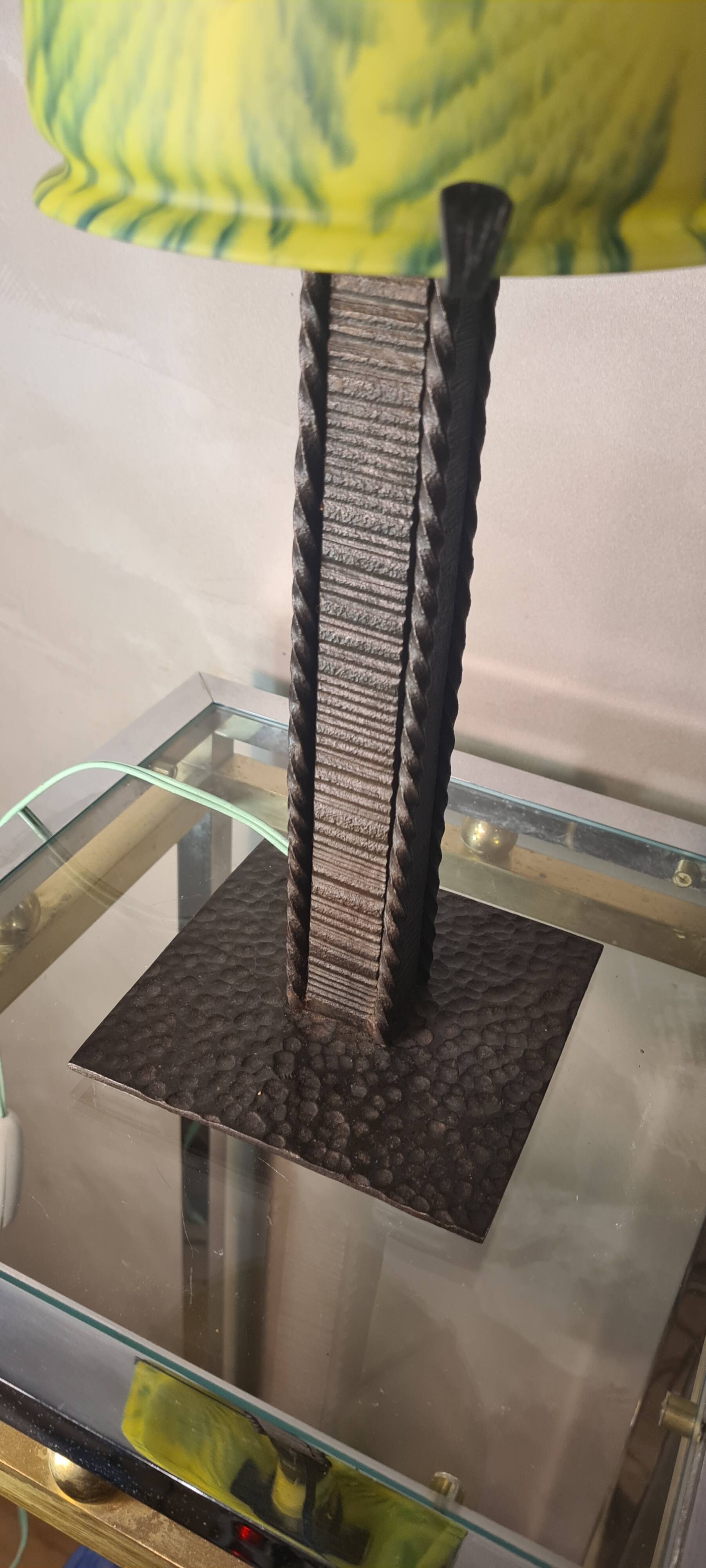 wrought and hammered iron lamp 1900 a30 with glass paste tulip, yellow and green 34x16