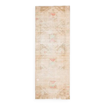 Vintage Turkish Hand-Knotted Wool Cotton Beige Runner Rug 111x305